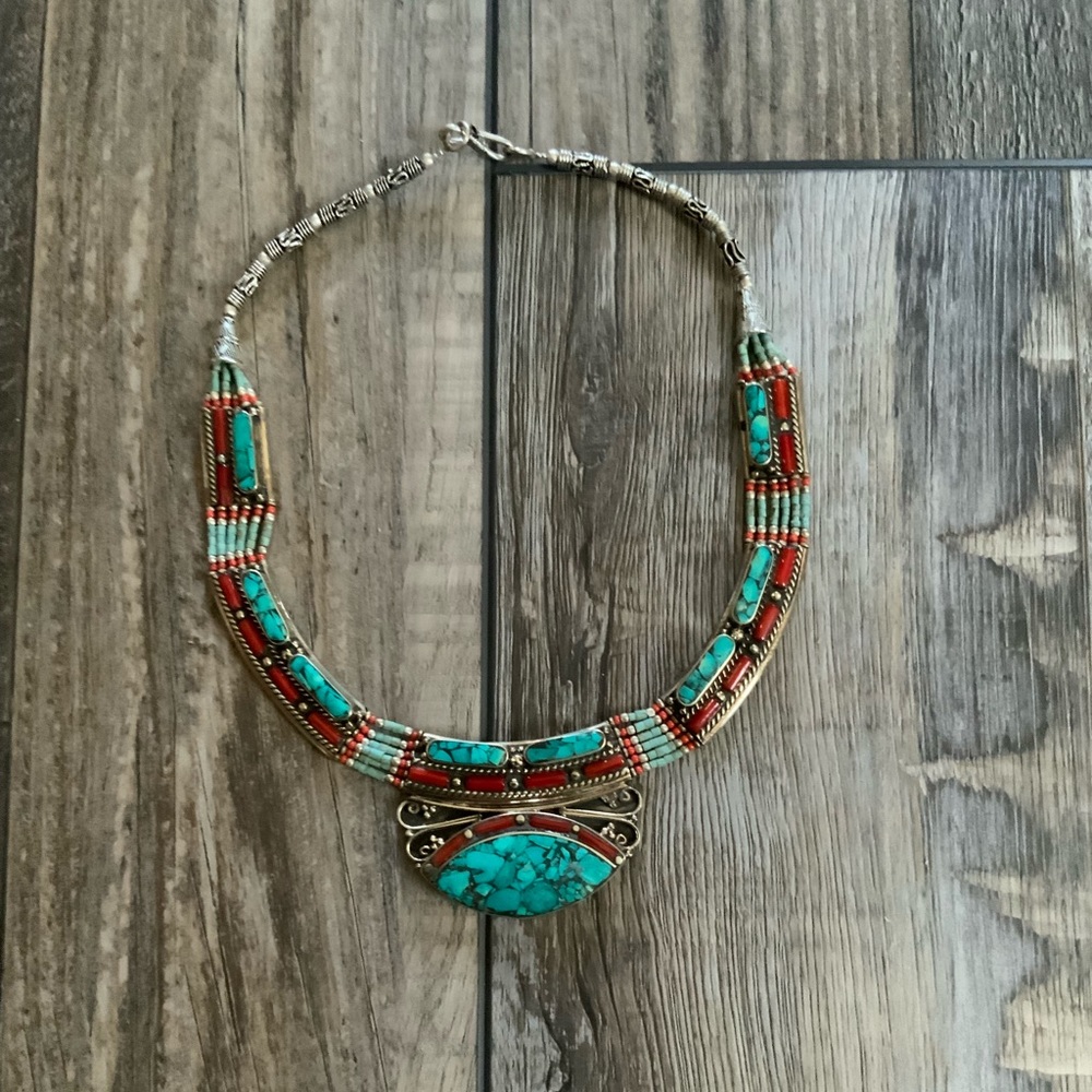 Tibetan Silver Necklace coral turquoise inlay